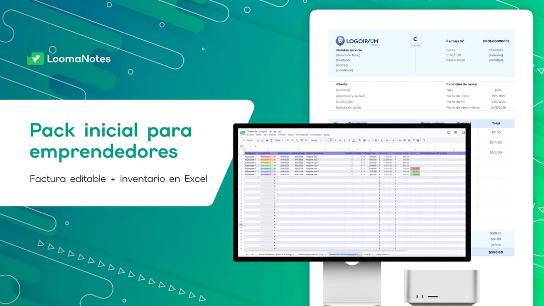 Vista previa del pack inicial de plantillas Excel para emprendedores con factura editable e inventario con compras y pricing.