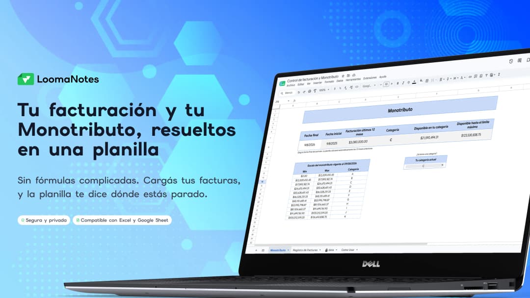 Vista previa de la plantilla de control de facturación y Monotributo en Excel y Google Sheets con registro de cobros y dashboard de categoría.