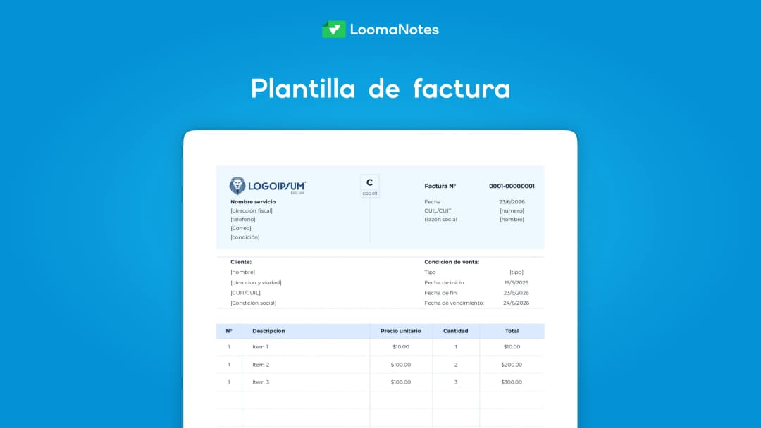 Vista previa del template de factura editable en Excel para crear facturas visuales, presupuestos o comprobantes internos.