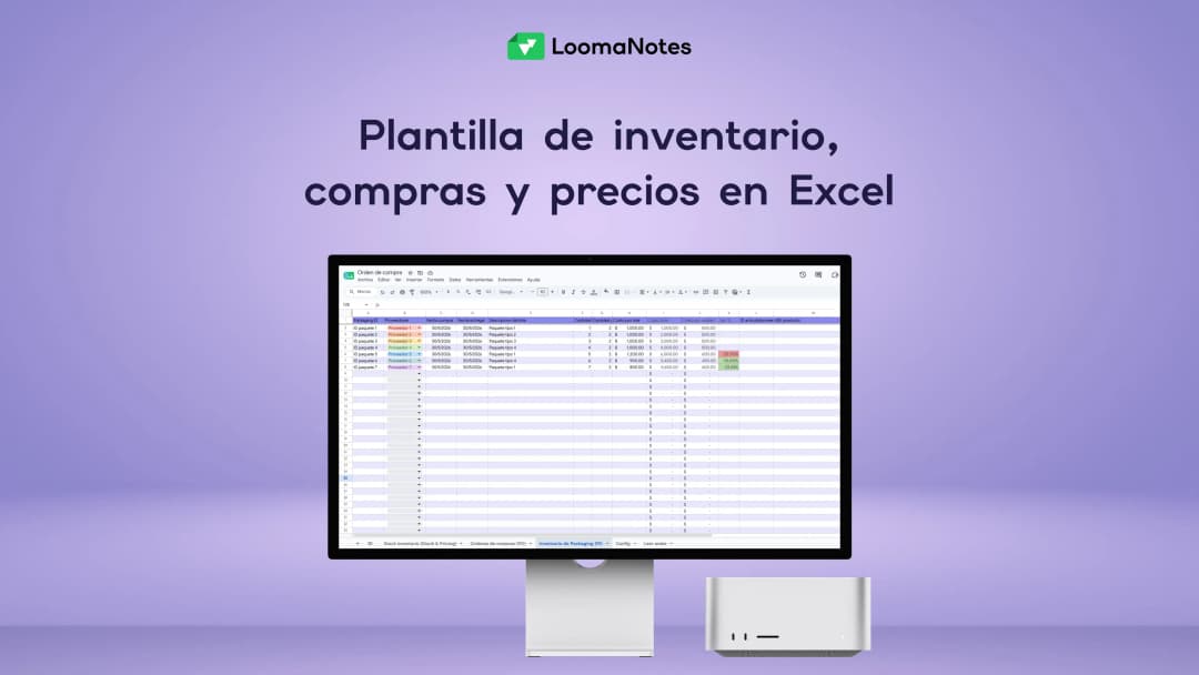 Vista previa de la planilla de inventario, compras y pricing en Excel para organizar stock, costos y precios sugeridos.