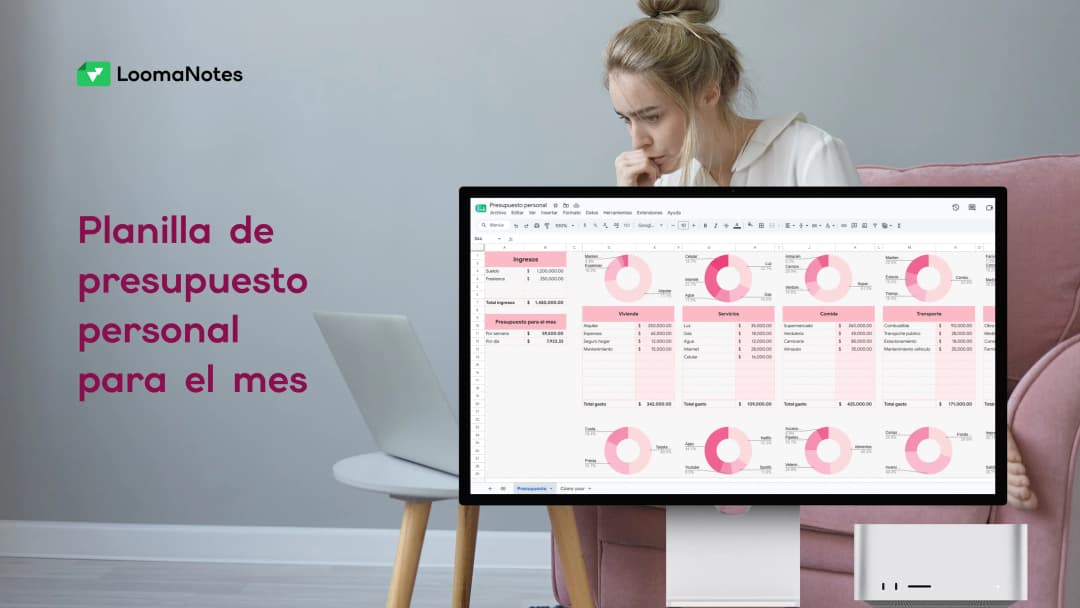 Vista previa de la plantilla de presupuesto personal mensual en Excel con ingresos, gastos fijos, presupuesto semanal y gráficos visuales.